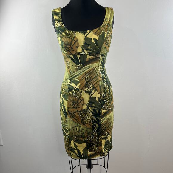 VINTAGE Arden B. Green Bodycon Dress Green Camo Hunting Stretch Back-Zip Size 4 - Picture 2 of 7